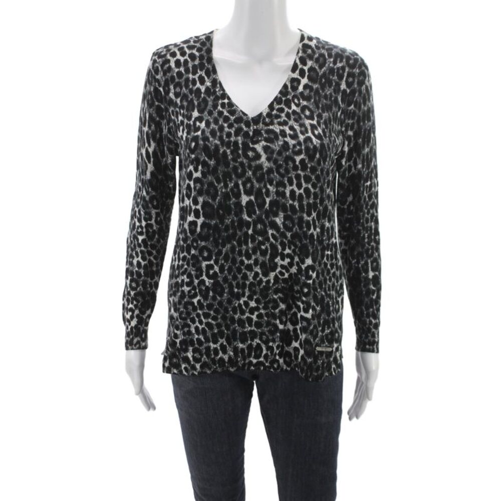 Michael Michael Kors Womens Black Leopard V-Neck Long Sleeve Sweater Size S